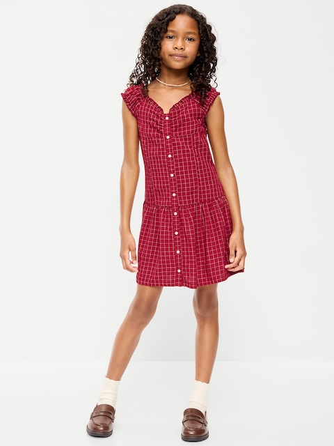 Short-Sleeve Fit and Flare Button-Front Dress for Girls