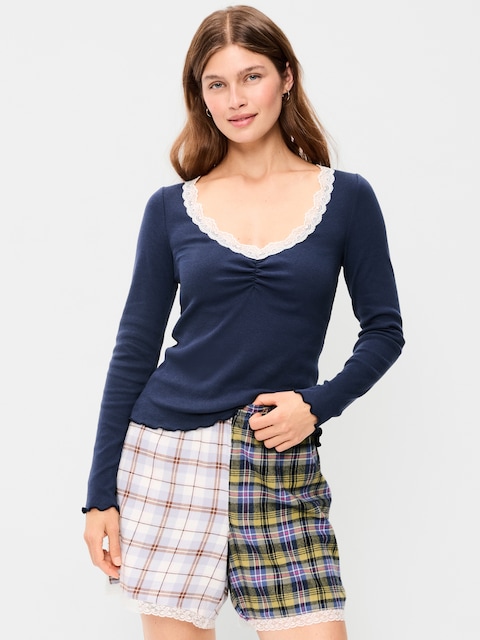 Long-Sleeve Lace Trim T-Shirt
