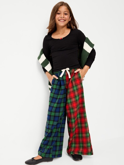 Pull-On Wide-Leg Flannel Plaid Pants for Girls