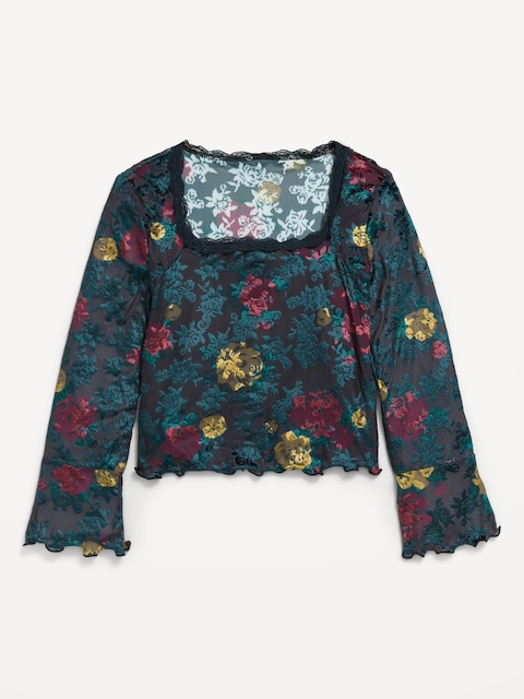 HAUT À MANCHES LONGUES EN VELOURS À MOTIF FLORAL POUR FILLE