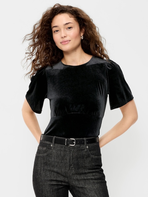 Velvet Flutter-Sleeve Empire-Waist Top