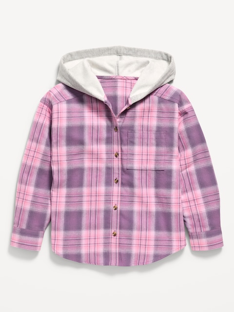 Oversized Long-Sleeve Hooded Flannel Shirt for Girls