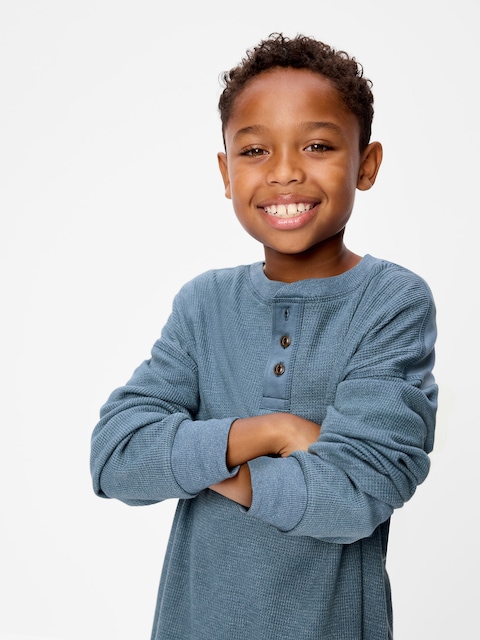 Oversized Long-Sleeve Waffle Knit Henley T-Shirt for Boys