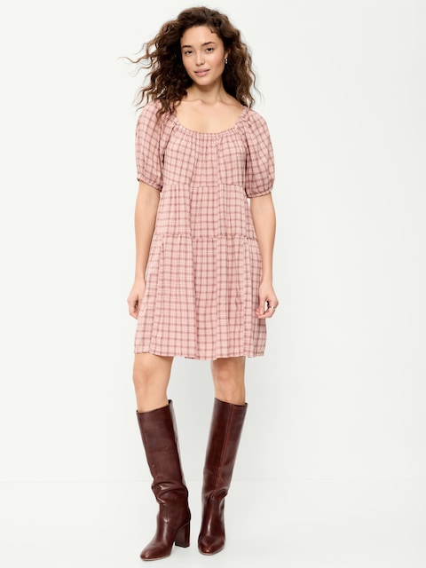 ROBE TRAPÈZE COURTE SMOCKÉE À MANCHES BOUFFANTES