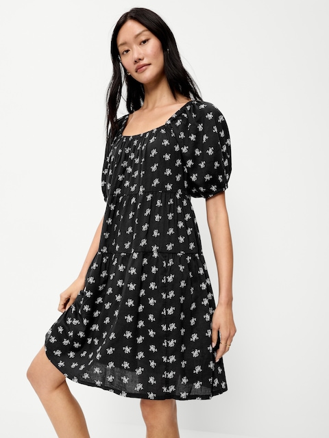 Puff-Sleeve Smocked Mini Swing Dress