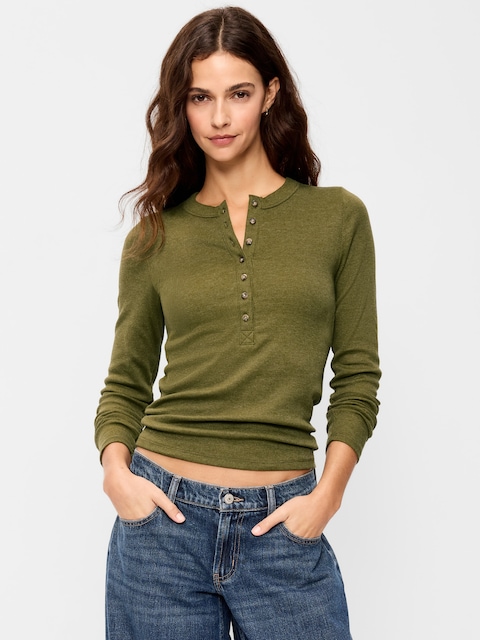 Snug Long-Sleeve Ribbed Henley T-Shirt