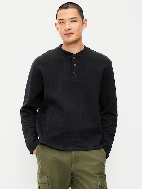 Long-Sleeve Quilted Fleece Henley Sweatshirt