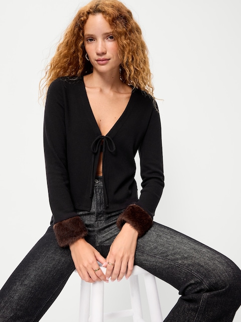 Long-Sleeve Faux-Fur Cuff Tie-Front Top