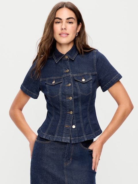 Short-Sleeve Button-Front Denim Top