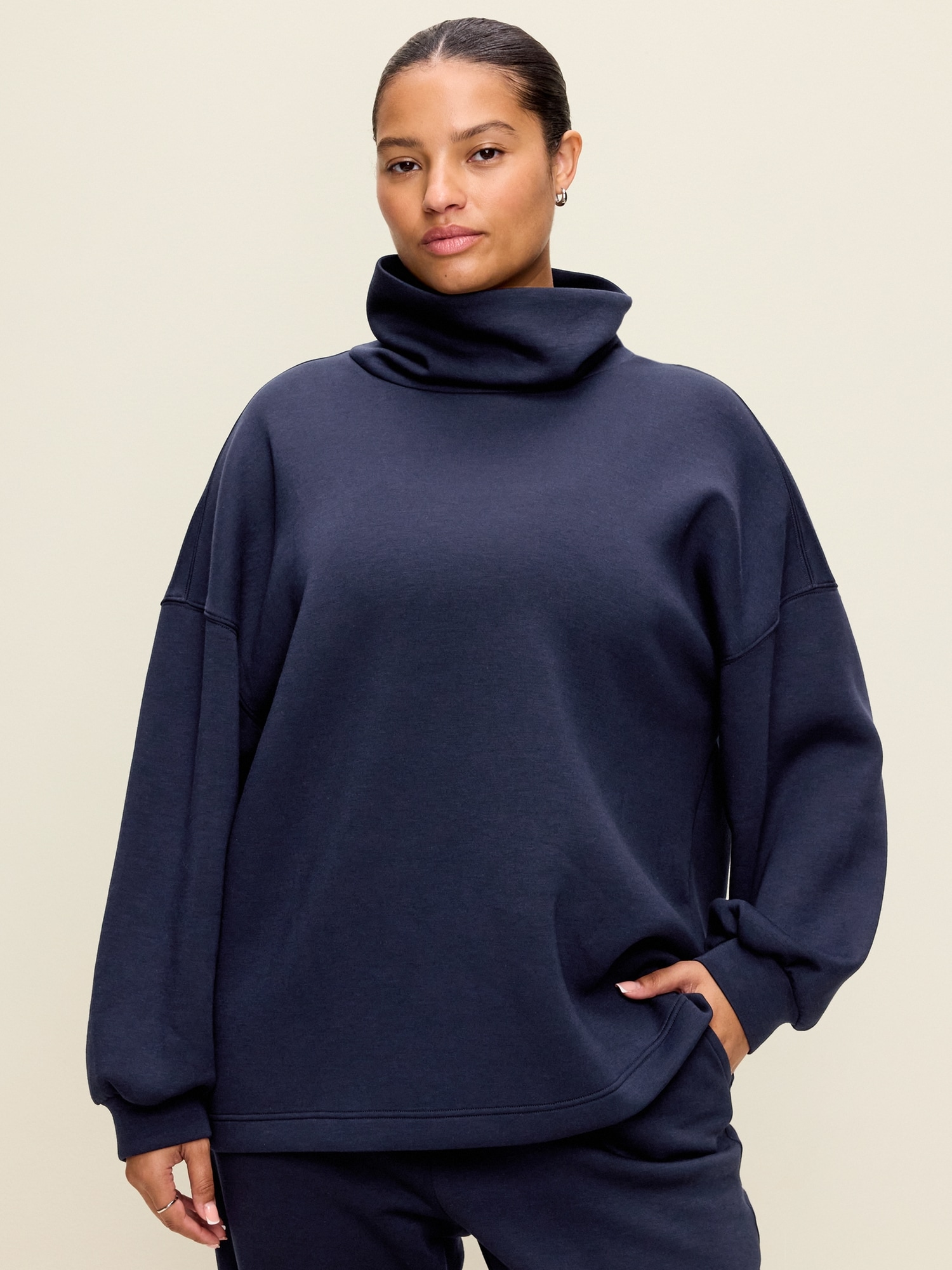 Oversized Bounce Fleece Funnel-Neck Tunic