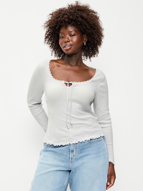 HAUT EN TRICOT POINTELLE À MANCHES LONGUES À BORDURE EN DENTELLE