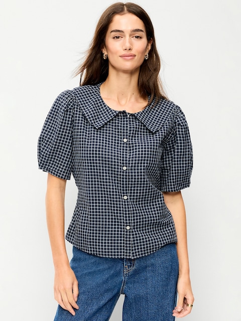 Lapel Collar Short-Sleeve Button-Front Top