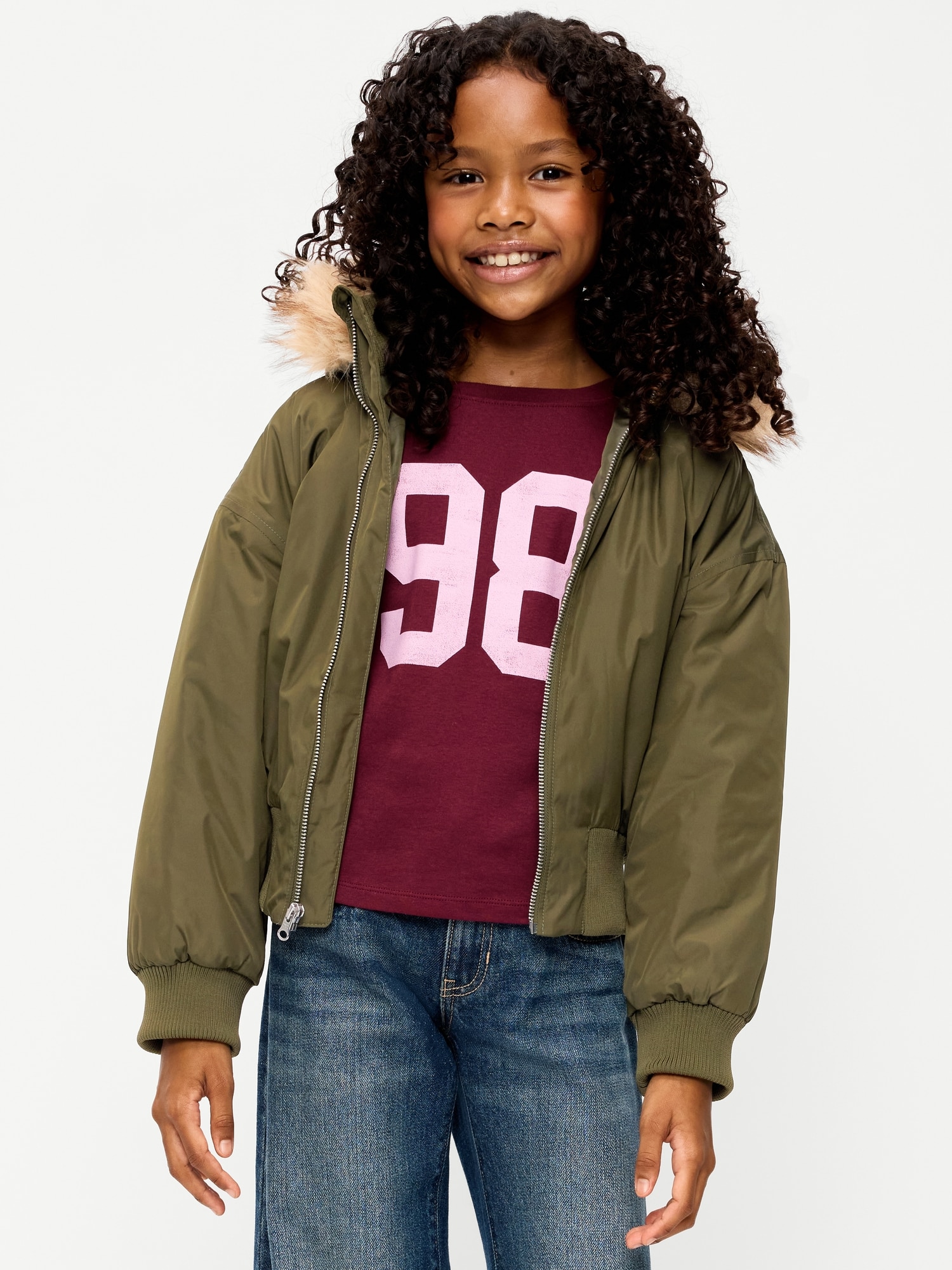 Water-Resistant Oversized Faux-Fur Trim Bomber Jacket for Girls