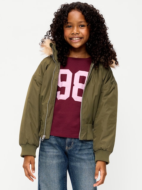 Water-Resistant Oversized Faux-Fur Trim Bomber Jacket for Girls