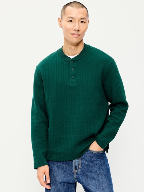 Long-Sleeve Quilted Fleece Henley Sweatshirt