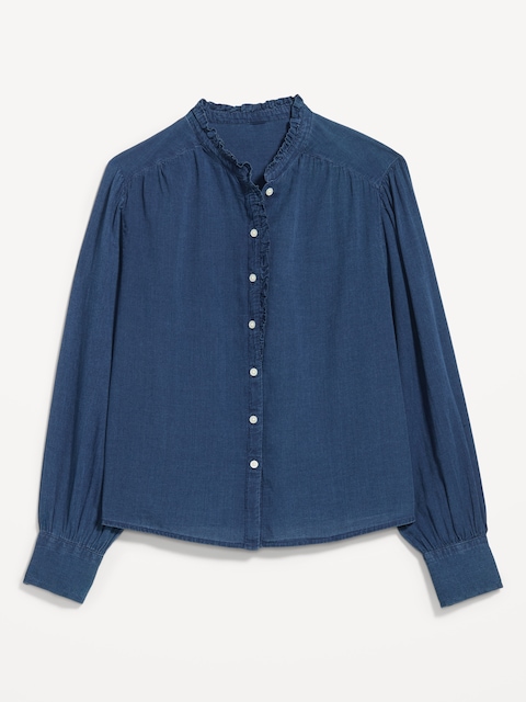 Long-Sleeve Ruffle-Trim Button-Front Top