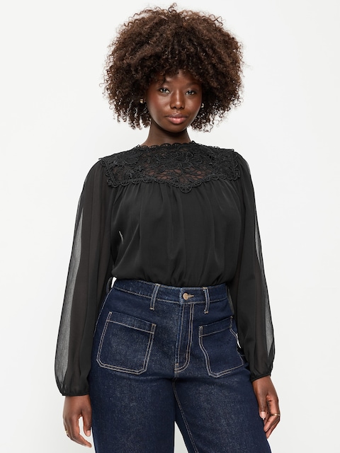 Long-Sleeve Chiffon Sheer Lace-Trim Top