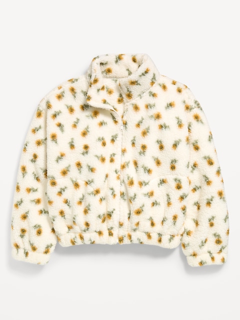Printed Oversized Sherpa Jacket for Girls - Multi