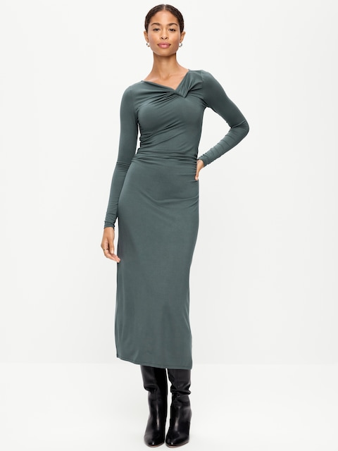 ROBE MI-LONGUE FRONCÉE À MANCHES LONGUES ET À DEVANT TORSADÉ