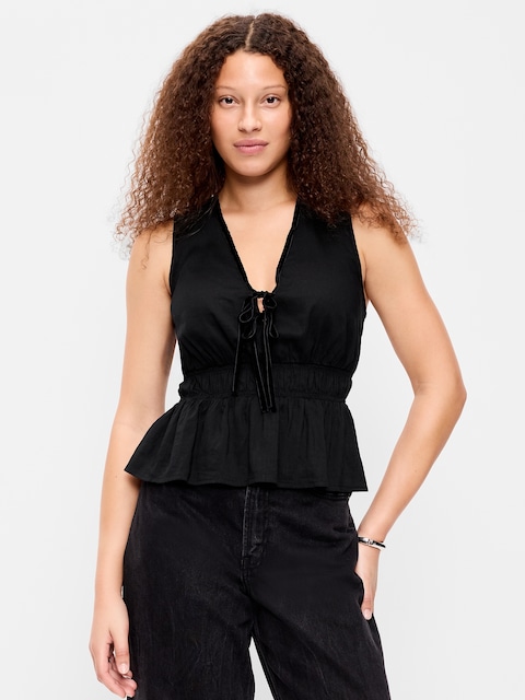 Velvet-Trimmed Tie-Front Peplum Top