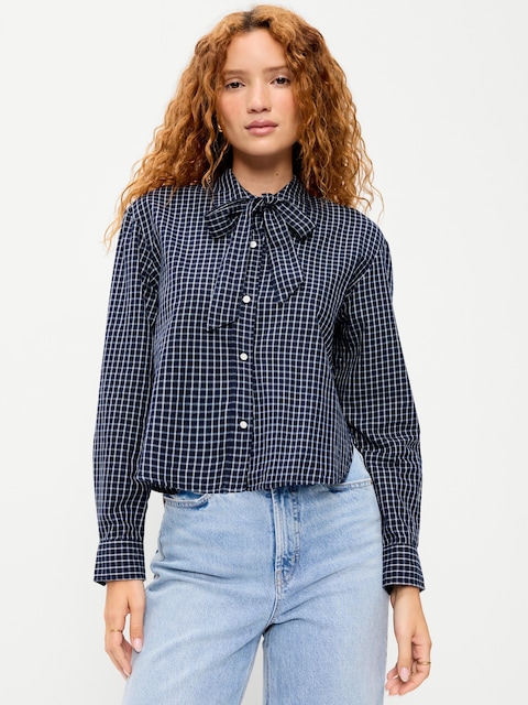 Tie-Neck Cropped Button-Down Shirt
