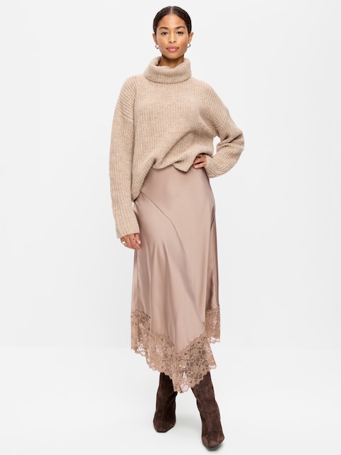 Satin Asymmetrical-Hem Midi Skirt