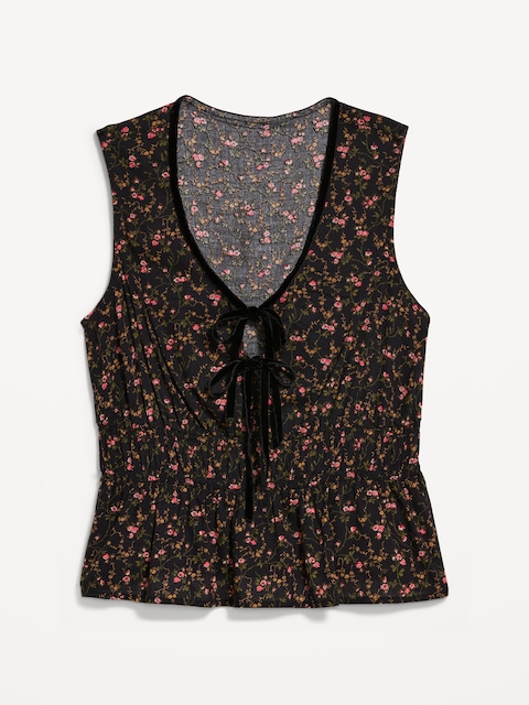 Velvet-Trimmed Tie-Front Peplum Top