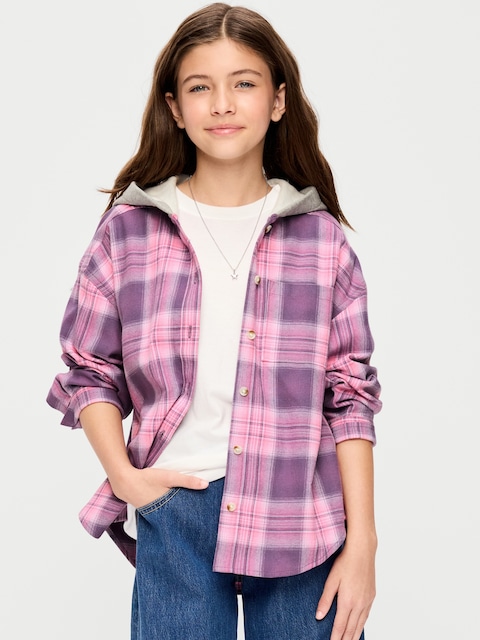 Oversized Long-Sleeve Hooded Flannel Shirt for Girls