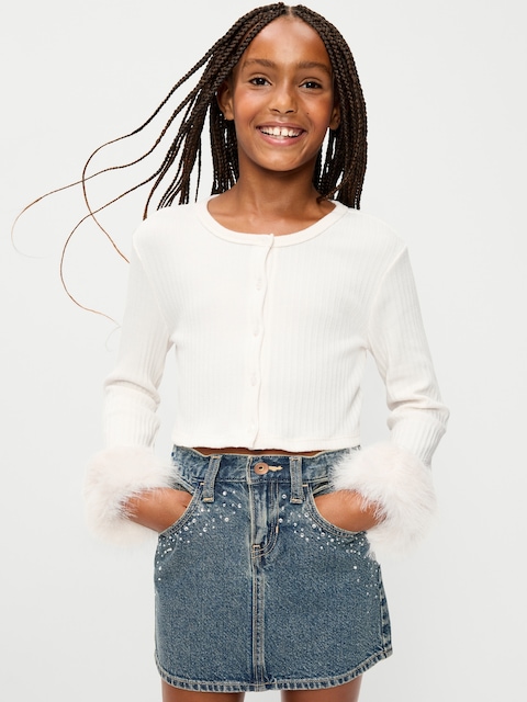 Cropped Faux-Fur Cuff Cardigan Sweater for Girls