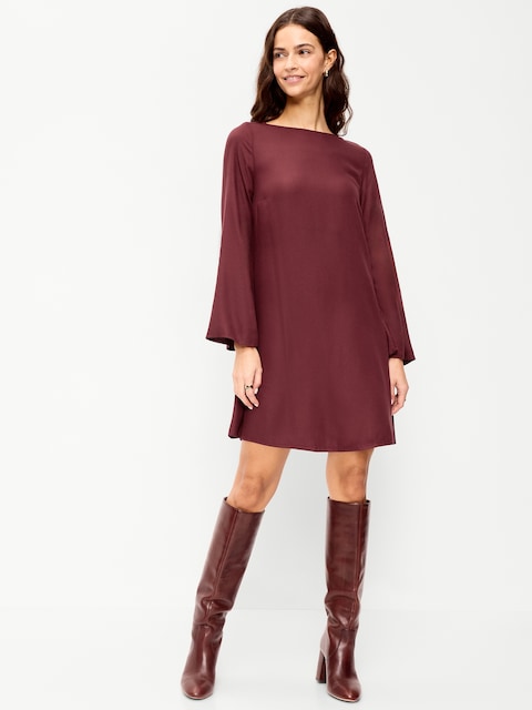 Long-Sleeve Crepe Swing Mini Dress