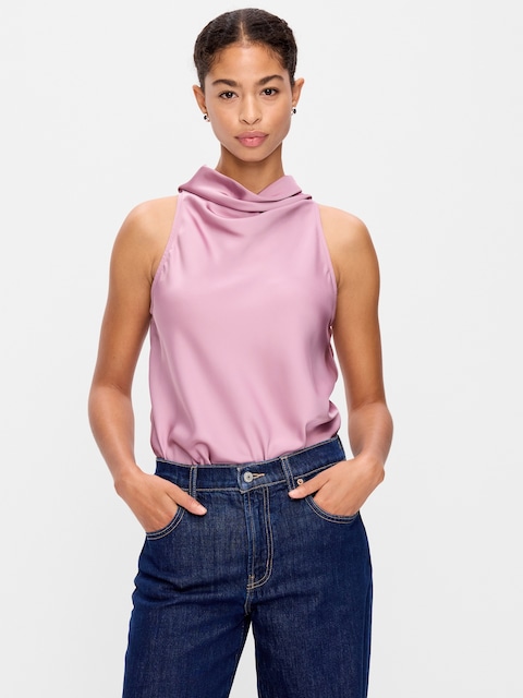 Satin Cowl-Neck Tank Top