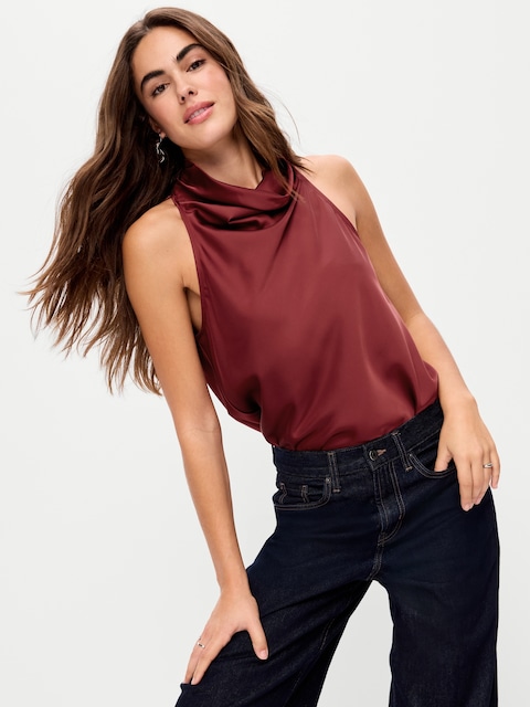 Satin Cowl-Neck Tank Top