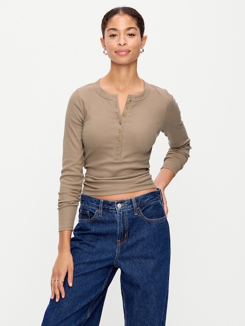 Snug Long-Sleeve Ribbed Henley T-Shirt